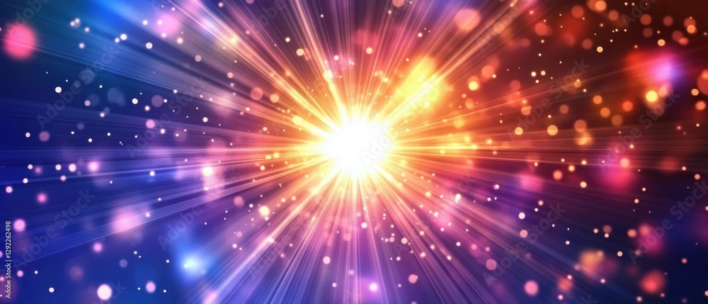 Fototapeta premium Abstract cosmic burst with vibrant light rays and bokeh particles in a dynamic space background, concept of energy, explosion, and universe
