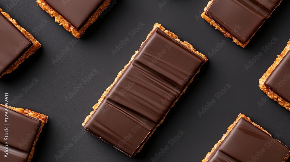 Fototapeta premium Dark chocolate squares on a dark background. Rich, decadent, and perfect for any occasion.