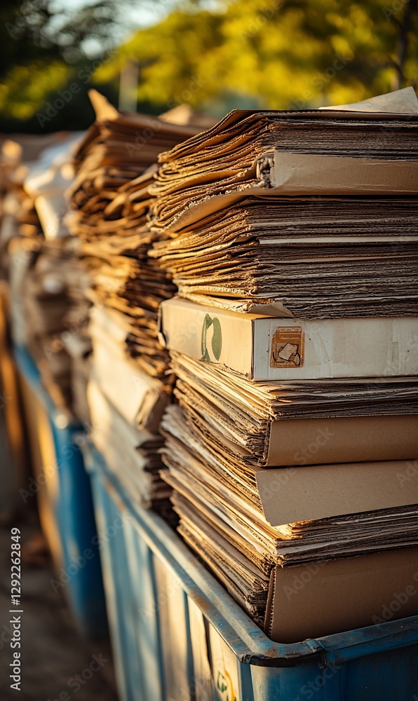 Obraz premium Stacked paper and cardboard waste in blue bins, blurred trees in the sun