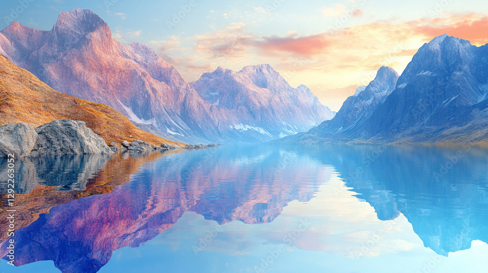 Fototapeta premium A serene 3D render of a fantasy landscape featuring rugged rocks, tranquil water, and a red sunset. The abstract background creates a spiritual zen atmosphere with a modern skyline.