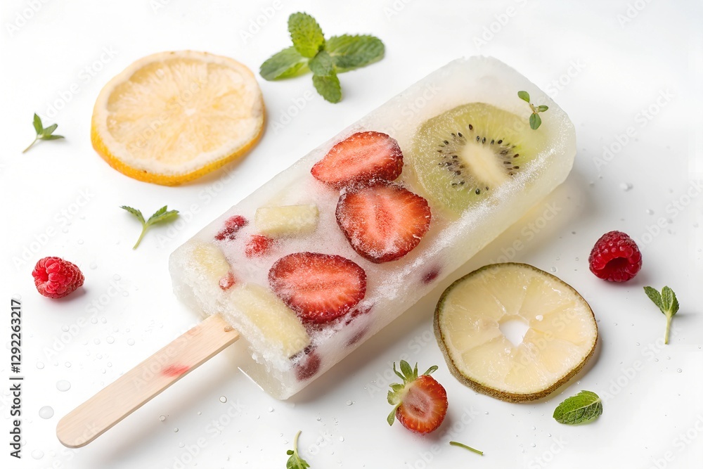 Refreshing fruit popsicle made with strawberries, kiwi, and lemon on a bright countertop featuring mint leaves Refreshing fruit popsicle made with strawberries, kiwi, and lemon on a bright countertop featuring mint leaves
