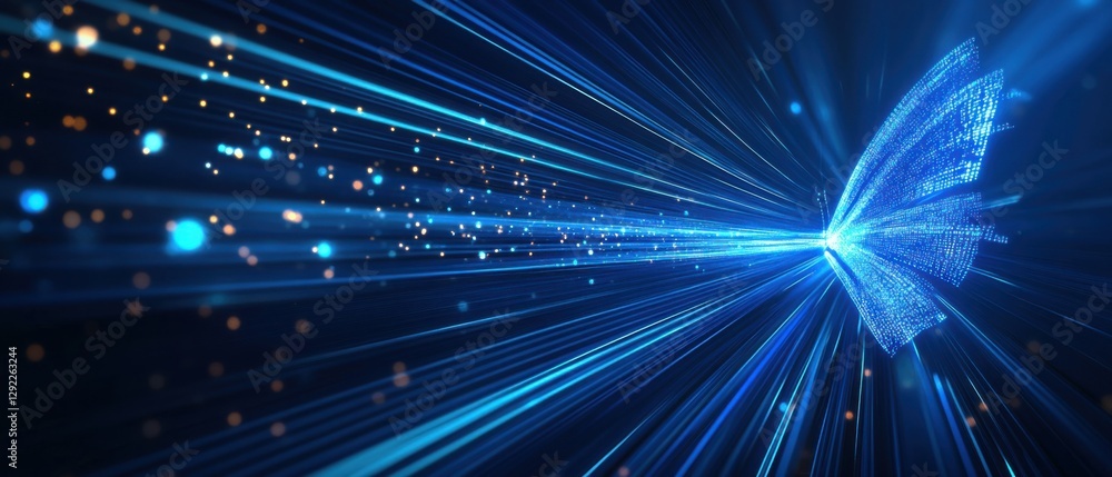 Fototapeta premium Digital butterfly with glowing blue light trails, symbolizing transformation, technology, and innovation in a futuristic abstract design