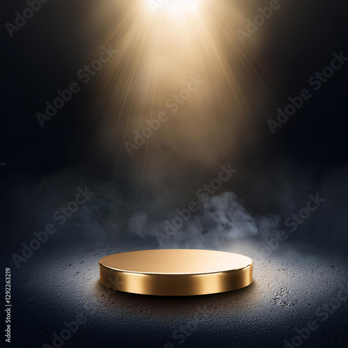 Gold podium on dark background with smoke. Empty pedestal for award ceremony. Platform illuminated by spotlights