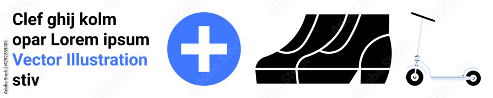 Blue cross, pair of shoes, and a scooter combine to symbolize healthcare, mobility, and active living. Ideal for healthcare, fitness, recovery, disability aid lifestyle wellness flat landing page Blue cross, pair of shoes, and a scooter combine to symbolize healthcare, mobility, and active living. Ideal for healthcare, fitness, recovery, disability aid lifestyle wellness flat landing page