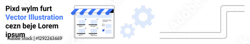 Online storefront with blue and white awning, sample text, and gears in background suggesting e-commerce functionality. Ideal for e-commerce, web development, online business, digital marketing