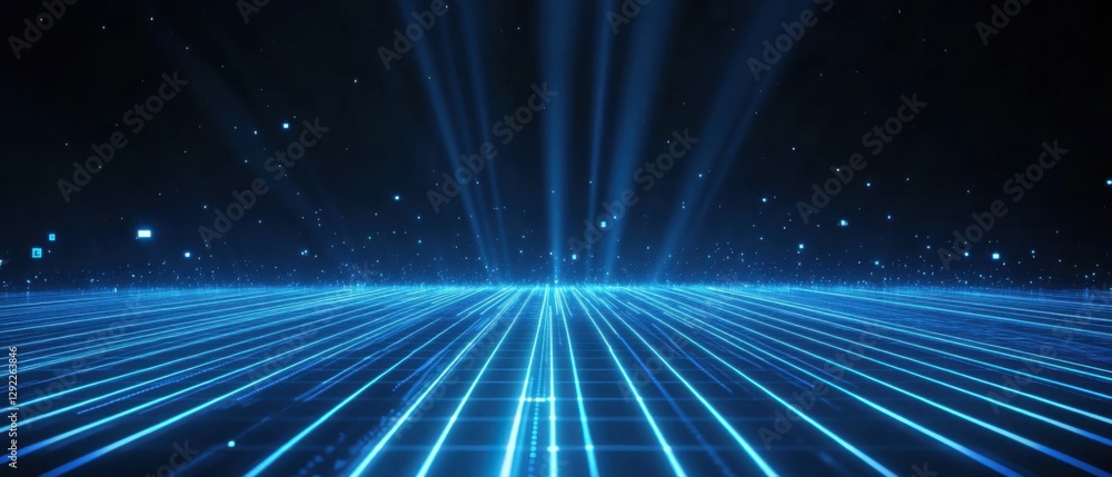 Naklejka premium Futuristic blue grid with glowing light beams and particles, representing digital technology, cyberspace, and virtual reality landscape