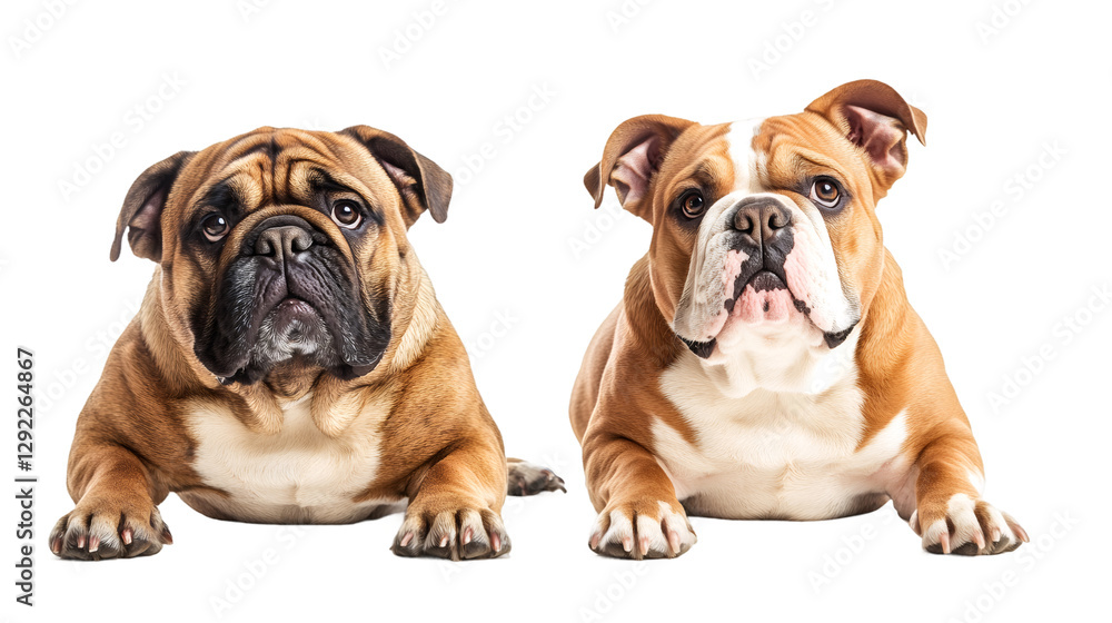 Pair of English bulldogs resting on clear background, displaying cute expressions with relaxed furry paws Pair of English bulldogs resting on clear background, displaying cute expressions with relaxed furry paws