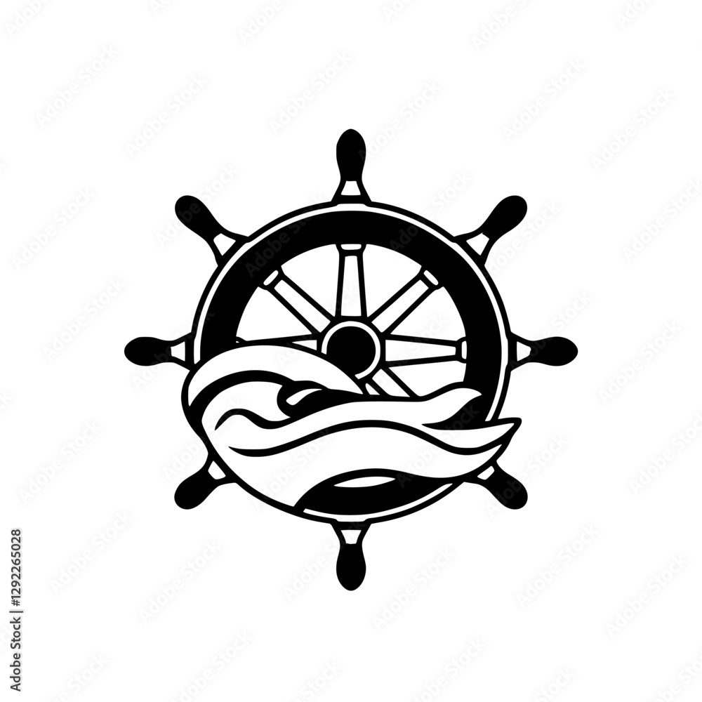 Fototapeta premium Nautical-themed black and white logo of a helm and ocean wave.