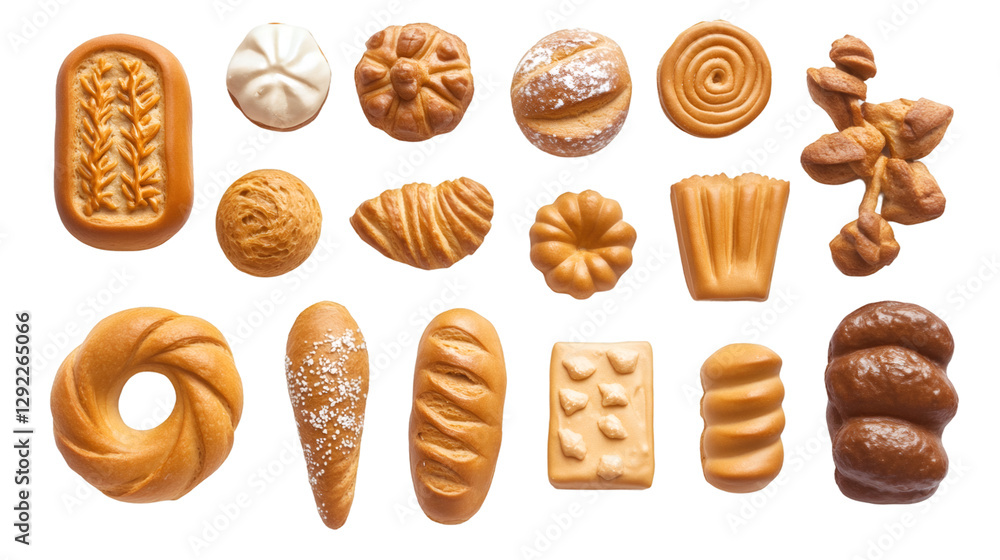 Overhead view revealing diverse bread rolls, artisan loaves displaying varied shapes, textures against clean transparent backdrop Overhead view revealing diverse bread rolls, artisan loaves displaying varied shapes, textures against clean transparent backdrop