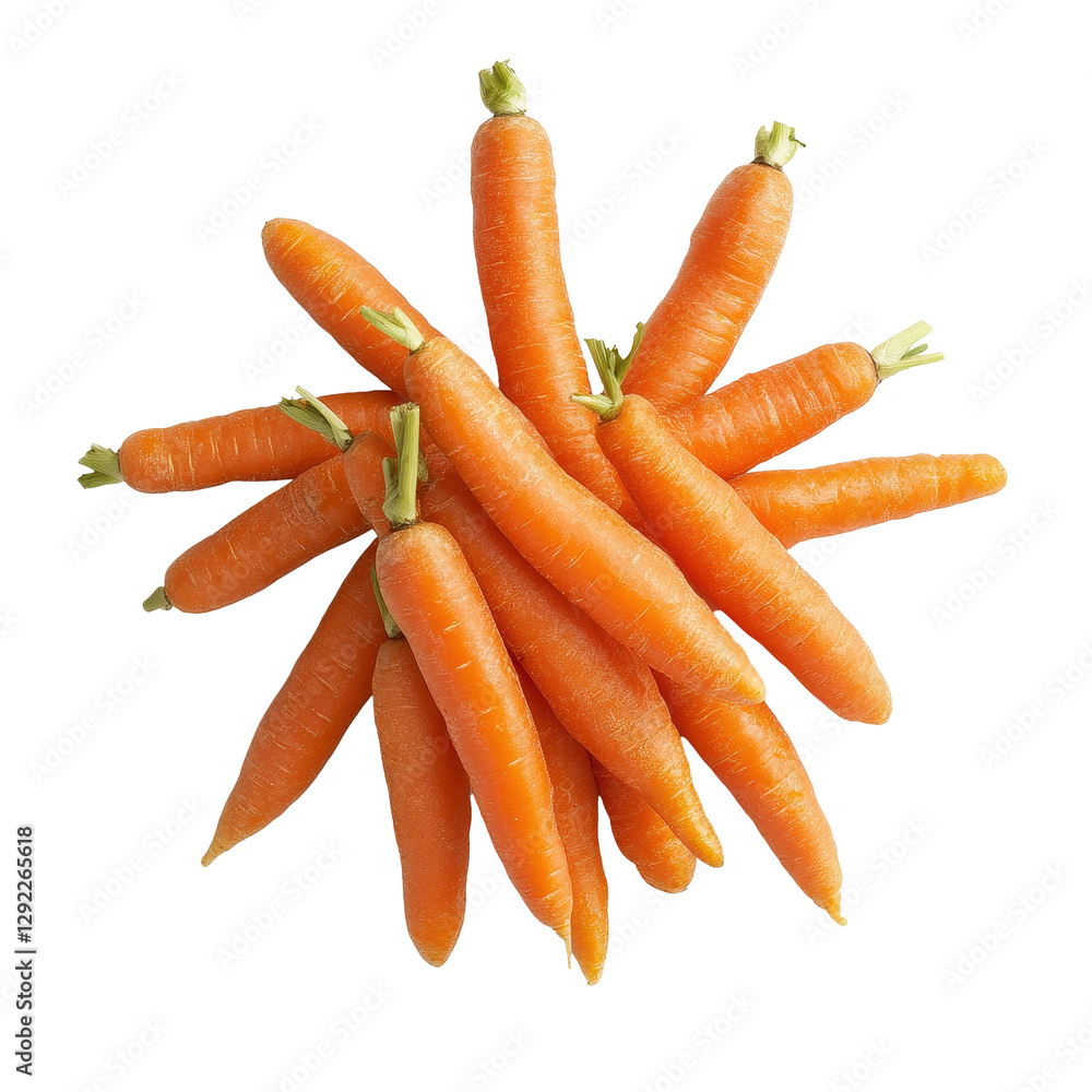 Top view of fresh organic baby carrots arranged on a Transparent background, Top view of a group of organic small baby carrots isolated on PNG background Top view of fresh organic baby carrots arranged on a Transparent background, Top view of a group of organic small baby carrots isolated on PNG background