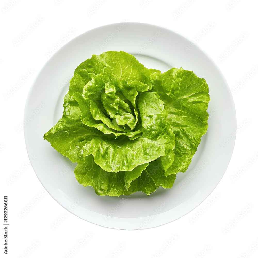 Fresh lettuce served on a white plate against a minimalist background for healthy eating, lettuce on the white plateisolated on Transparent background Fresh lettuce served on a white plate against a minimalist background for healthy eating, lettuce on the white plateisolated on Transparent background
