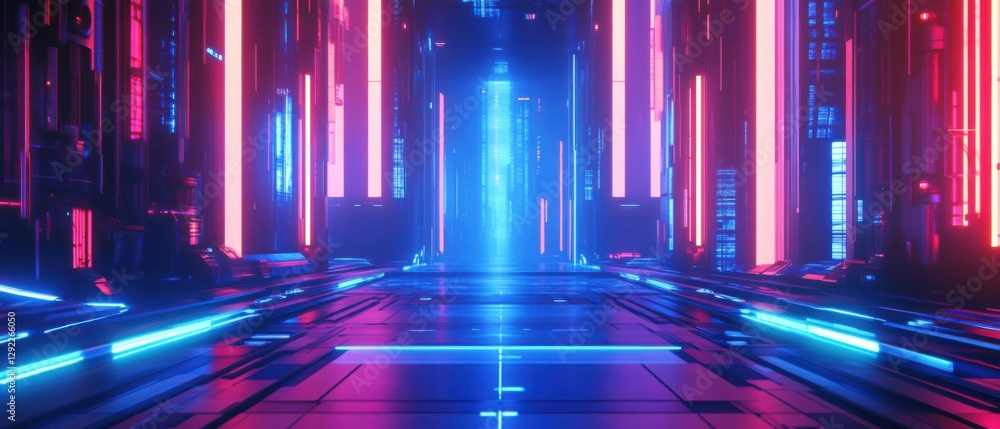Futuristic neon corridor with glowing blue and pink lights, abstract cyberpunk cityscape background for technology and science fiction concepts Futuristic neon corridor with glowing blue and pink lights, abstract cyberpunk cityscape background for technology and science fiction concepts