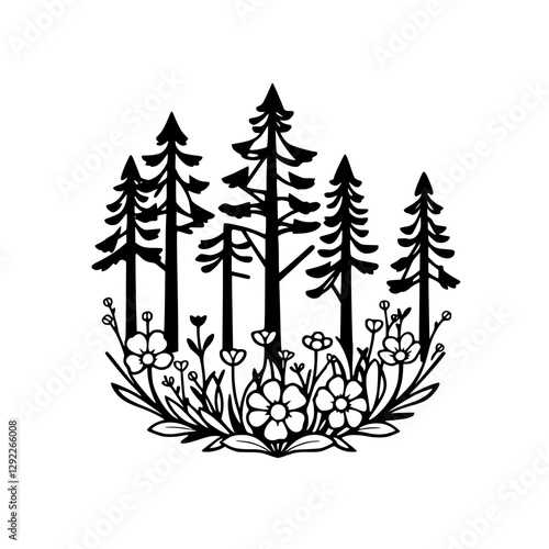 Black and white illustration of evergreen trees with floral elements.