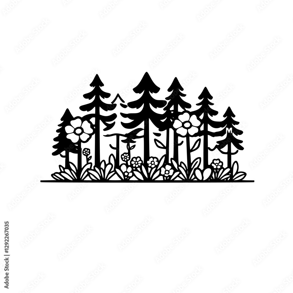 Obraz premium Black Forest Silhouette: Pine Trees and Flowers