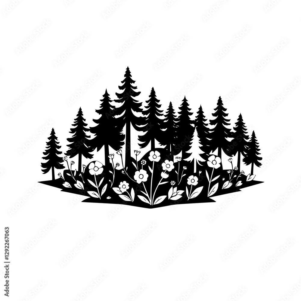 Obraz premium Black and white silhouette of a forest with tall pine tree, flowers and flowers, and a minimalist style.