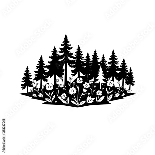 Black and white silhouette of a forest with tall pine tree, flowers and flowers, and a minimalist style.