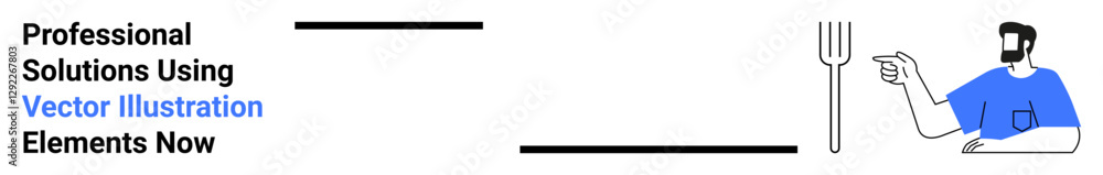 Businessman in blue shirt pointing towards a fork, complemented by clean typography. Ideal for marketing, design, advertising, food service, creativity, communication, professional branding flat Businessman in blue shirt pointing towards a fork, complemented by clean typography. Ideal for marketing, design, advertising, food service, creativity, communication, professional branding flat