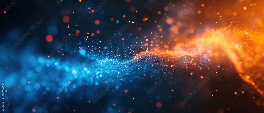 Obraz premium Abstract blue and orange sparkling particle wave background Concept of energy, technology, and digital art with dynamic glowing bokeh effect