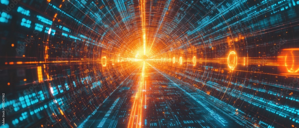 Abstract digital tunnel with glowing orange light and blue data stream Concept of future technology, data transfer, and artificial intelligence Abstract digital tunnel with glowing orange light and blue data stream Concept of future technology, data transfer, and artificial intelligence
