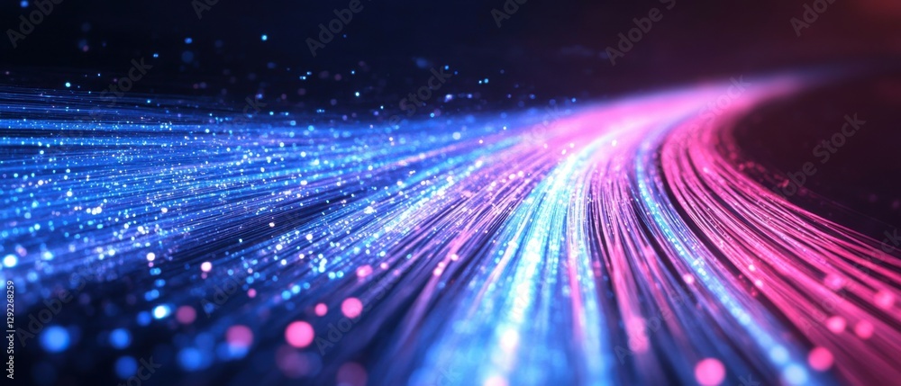 Naklejka premium Abstract fiber optic cables with blue and pink light trails, representing high speed data transfer and futuristic technology concept