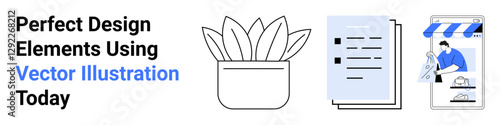 Potted plant, documents, and online store character design highlight creativity and organization. Ideal for design, marketing, workflow, productivity, e-commerce, innovation flat landing page banner