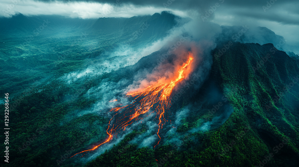 Fototapeta premium Aerial view of a powerful volcanic eruption, showcasing the intensity and drama of nature with billowing smoke, fiery lava, and molten rock, symbolizing raw energy and natural forces at work.