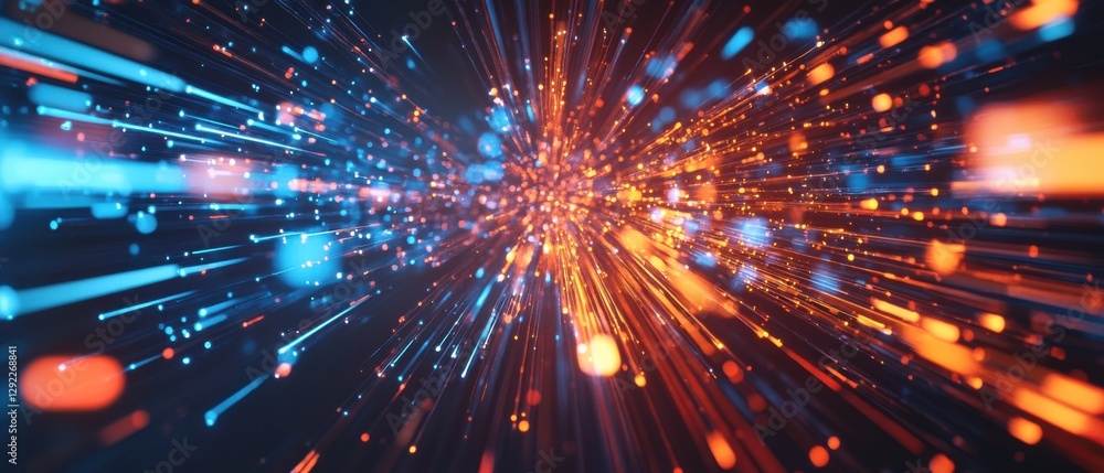 Fototapeta premium Abstract futuristic background with glowing blue and orange light trails, representing data streams, technology and high speed internet connection