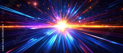 Abstract hyperspace jump with light speed, warp speed, and colorful starburst effect in dark space background Concept of science fiction, futuristic technology, and cosmic travel