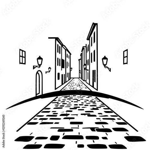 Linear perspective of a cobblestone street, illustrated in bold black lines, showcasing buildings and streetlamps.