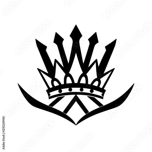 Black and white illustration of a crown and a trident. Stylized royal emblem with a modern feel. The image contains graphic representation of a crown with sharp lines, shapes and an additional trident