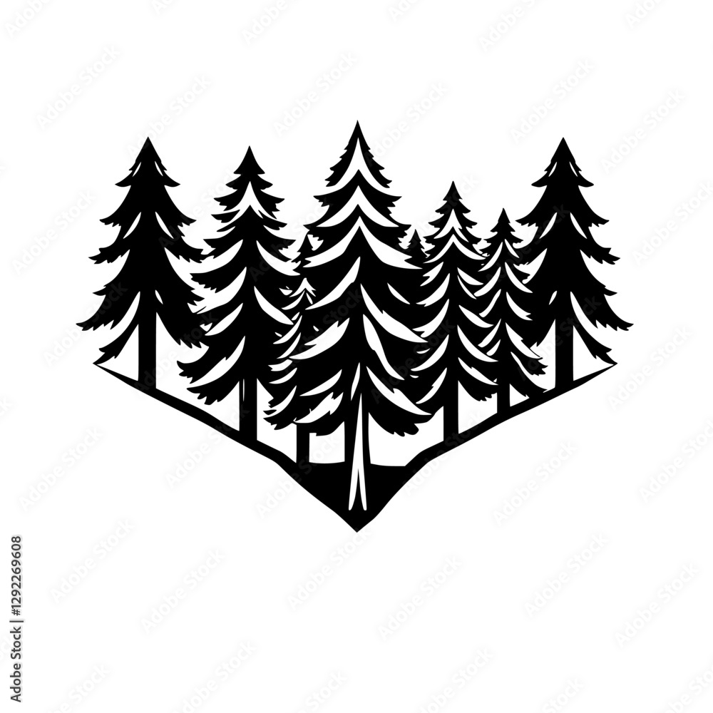 Obraz premium Black and White Graphic Illustration of Evergreen Trees Forming a Symmetrical Design on a White Background.