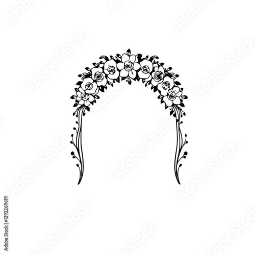 Elegant floral archway design, featuring roses and delicate branches in a minimalist, vector art style.