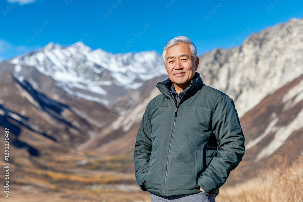 A senior man is captured against a scenic mountain backdrop in a clean, objective travel setting. A senior man is captured against a scenic mountain backdrop in a clean, objective travel setting.