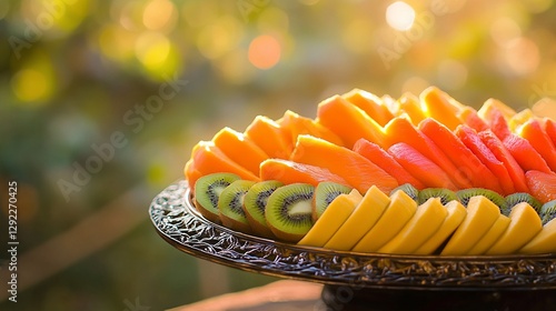 Tropical fruit platter, outdoor setting, sunset