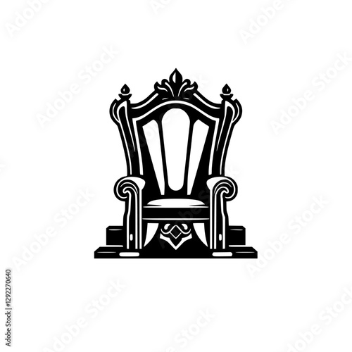 Royal Throne Room: Black and white illustration of a stately throne, a symbol of power and authority, isolated on white background.
