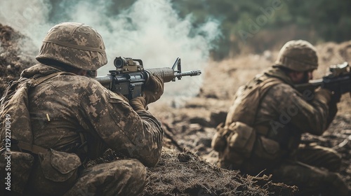 Soldiers in Camouflage Uniforms Aiming Rifles During Military Operation Crouching Behind Sandbags in a Battlefield Setting with Smoke and Natural Lighting photo