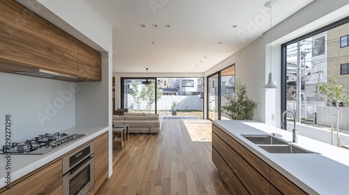 Modern kitchen and living room with wood floors and large windows.
