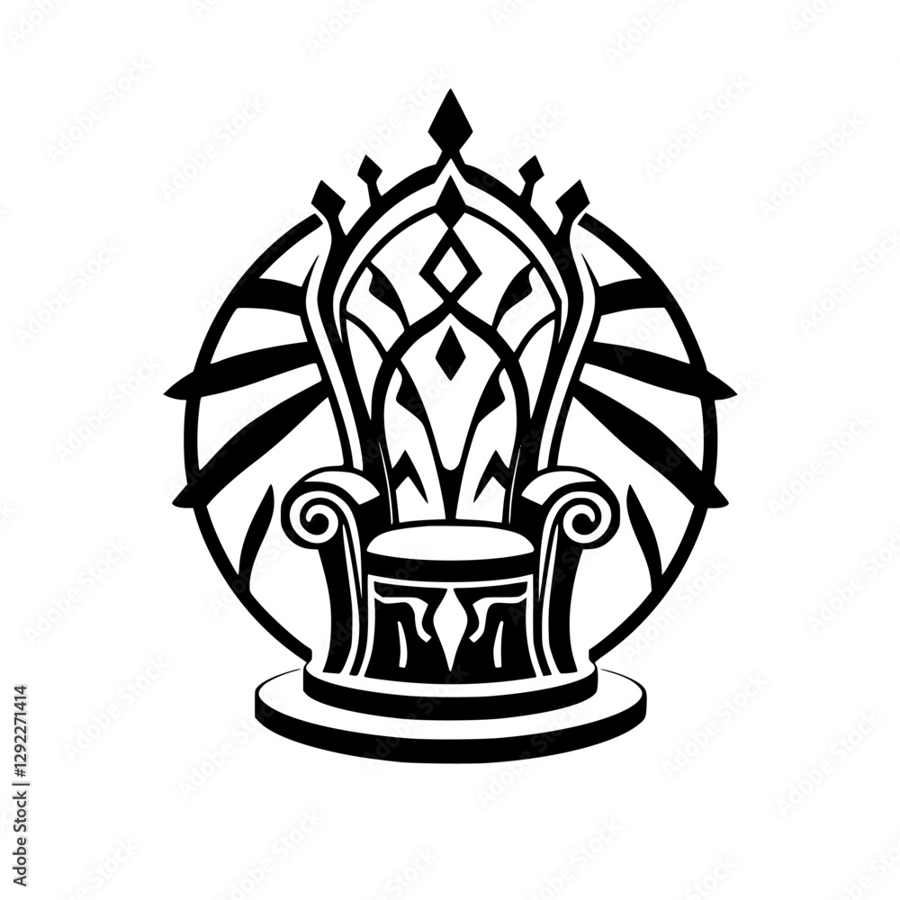 **Royal Throne: Black ink design of a detailed throne with a crown-like back set against a circular radiant sun pattern, minimalism style, on a white background.** **Royal Throne: Black ink design of a detailed throne with a crown-like back set against a circular radiant sun pattern, minimalism style, on a white background.**