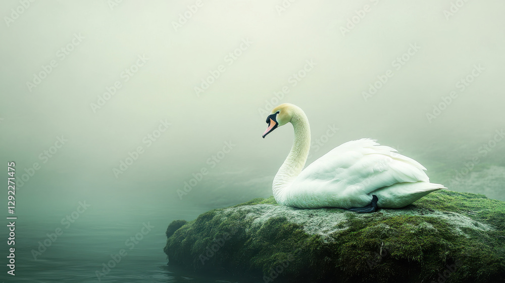 Fototapeta premium An elegant swan resting on a mossy rock, soft fading mist, simple and poetic background