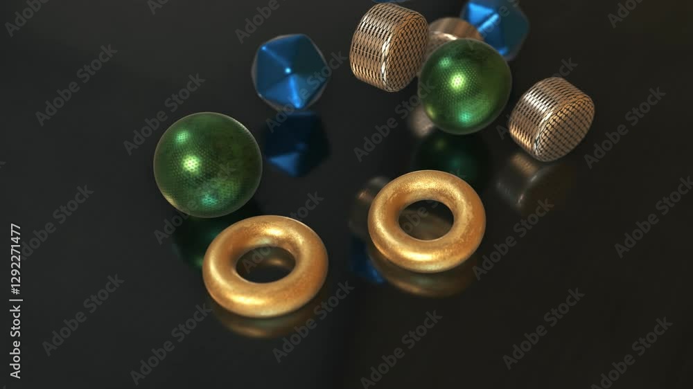 Collection of soft-body colliding dynamic 3D objects in metallic colors falling from above onto a reflective surface Collection of soft-body colliding dynamic 3D objects in metallic colors falling from above onto a reflective surface