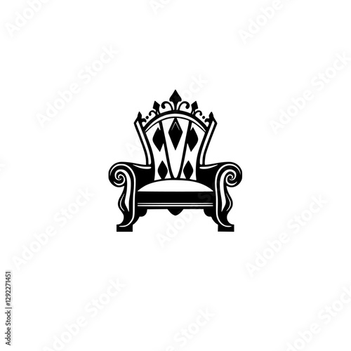 A black and white vector illustration of a decorative throne chair on a white background.