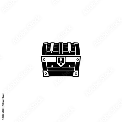 **Black and white treasure chest, an elegant close up of a vintage wooden trunk. A black and white minimalist illustration of the chest. A treasure chest on a white background.**
