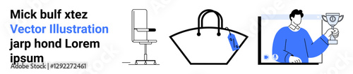 Wallpaper Mural Office chair, large handbag with attached tag, and man holding a trophy in framed picture. Ideal for business, shopping, achievement, lifestyle, fashion workspace and awards. Perfect flat landing Torontodigital.ca