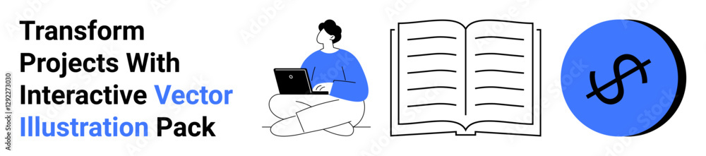 Person using laptop, open book, dollar icon in blue circle. Ideal for education, finance, remote work, technology, e-learning, knowledge-sharing flat landing page banner Person using laptop, open book, dollar icon in blue circle. Ideal for education, finance, remote work, technology, e-learning, knowledge-sharing flat landing page banner