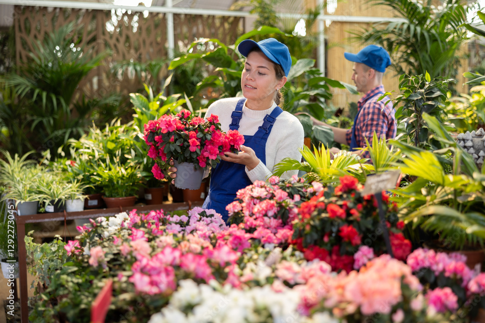 Fototapeta premium Smiling female gardener arranging potted Azalea for market and wearing greenhouse uniform