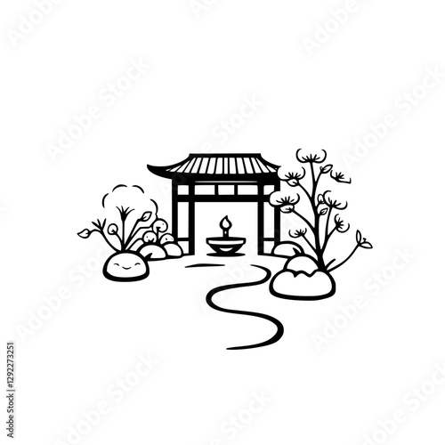 Black and white illustration of a traditional Japanese gate with a lit candle and plants.