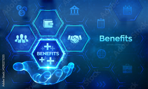 Employee benefits help to get the best human resources concept on virtual screen. Business for Profit, Benefit, health insurance. Benefit icon in wireframe hand. Vector illustration.