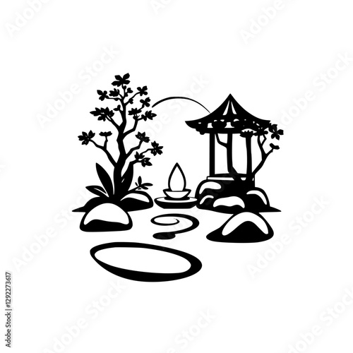 Black and white minimalistic Japanese garden, with rocks, a pagoda, and a candle, in a minimalist style.