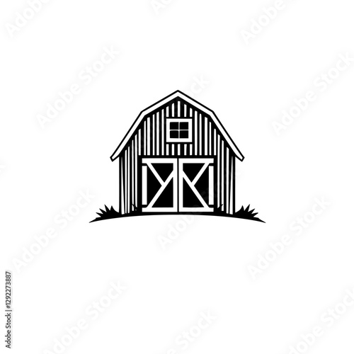**Barn silhouette, simple, stylized monochrome design evoking serene rural peace with a black-and-white aesthetic. Depicting the countryside.**