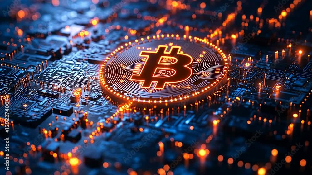 Bitcoin Cryptocurrency Digital Currency on Circuit Board